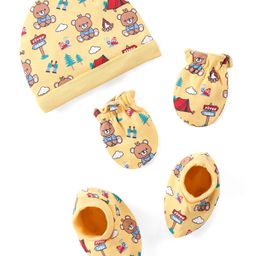 Babyhug 100% Cotton Interlock Cap Mittens & Booties Set with Teddy Bear Print - Yellow-image-8