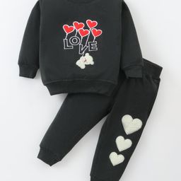 Little Darlings Fleece Knit Full Sleeves Winter WearSweatshirt & Joggers Set with Heart Patch & Embroidery - Dark Green-image-49