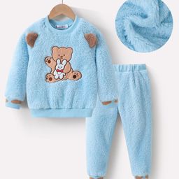 Kookie Kids Full Sleeves Winter Wear Suit With Teddy Applique - Sky Blue-image-121