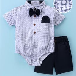 Mark & Mia Woven Half Sleeves Printed Party Onesie with Shorts & Bow - Blue-image-59