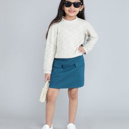 Taffykids Full Sleeves Self Design Sweatshirt & Solid Skirt Set - Golden & Green-image-45