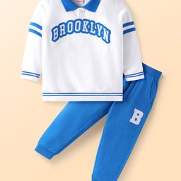 Babyhug Terry Knit Full Sleeves T-Shirt & Joggers Set with Text Patch Detailing - Blue & White-image-42
