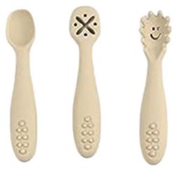 StarKiddo Baby Fork and Spoon Set, 3Pcs Silicone Spoon Baby Weaning Spoon Set Self Feeding (Beige)-picture-5