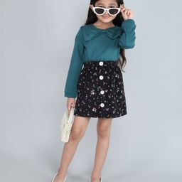 Taffykids Cotton Looper Full Sleeves Bow Detailed Sweatshirt & Floral Printed Skirt Set - Green & Black-image-76