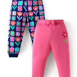 Babyhug Single Jersey Knit Full Length Lounge Pants Pack Of 2 with Floral Print & Bow - Pink Navy Blue-image-60