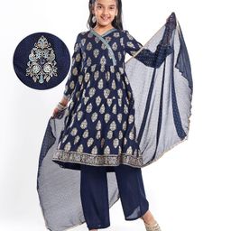 Pine Kids Viscose Woven Full Sleeves Foil Printed Kurta Churidar Set with Dupatta - Navy-image-39
