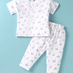 ToffyHouse Cotton Knit Half Sleeves Night Suit With Floral Print - White-image-91