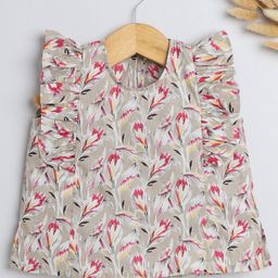 The Magic Wand Cotton Sleeveless Floral Printed Ruffle Detailed Top - Beige-picture-7
