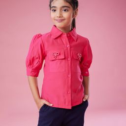MASTARANG Half Puffed Sleeves Bow Shaped Beads Embellished Shirt Style Top - Hot Pink-image-27