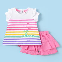 ToffyHouse Interlock Knit Half Sleeves Striped Top & Skort Set with Bow Applique & Text Puff Print - Pink & White-12