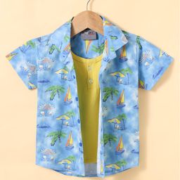 Dapper Dudes Half Sleeves Beach Theme Printed Shirt With Attached Tee - Sky Blue-image-21
