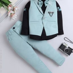 Fourfolds Full Sleeves Typography Printed Shirt With Solid Waistcoat Trousers & Bow Set - Light Blue-image-77