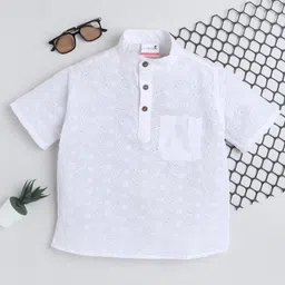BAATCHEET Cotton Half Sleeves Floral Embroidered Schiffli Designed Kurta Style Shirt - White-picture-15