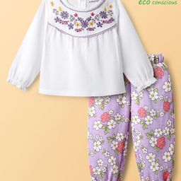 Babyoye 100% Organic Muslin Knit Full Sleeves Top & Lounge Pant Set With Floral Embroidery & Print - White & Lilac-13