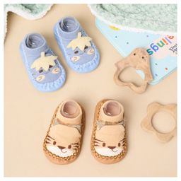 Kicks & Crawl Pack Of 2 Baby Animal & Vegetable Applique Detailed Booties - Blue & Brown-20