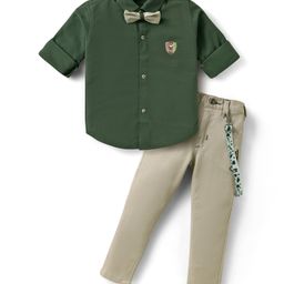 Radutu Full Sleeves Textured & Glitter Patch Detailed Shirt & Pant With Bow & Suspender Set - Green & Light Fawn-image-97