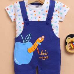 TOONYPORT Cotton Knit Hi World Text Printed Dungaree & Half Sleeves Tee Set - Blue-image-13