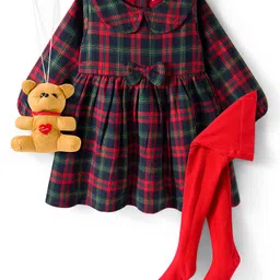 Babyhug Cotton Woven Full Sleeves Checkered Tiered Frock With Legging & Teddy Sling - Red-picture-26