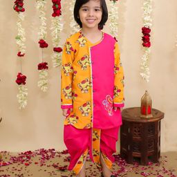 BownBee Pure Cotton Woven Full Sleeves Elephant Embroidered & Printed Gota Lace Embellished Dhoti Kurta Set - Orange-image-89