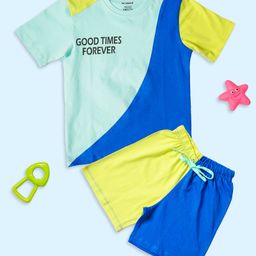 Be Awara Cotton Knit Half Sleeves Good Times Forever Text Printed Cut & Sew Tee & Shorts Set - Green-image-89
