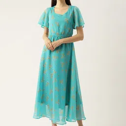 Mast & Harbour Women Floral Print Flared Sleeve Georgette Fit and Flare Maxi Dress-image-38