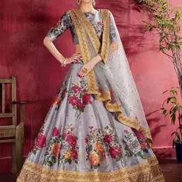ODETTE Floral Printed Sequinned Semi-Stitched Lehenga & Blouse With Dupatta-picture-50