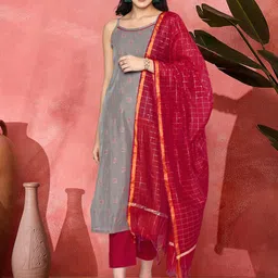 Sangria Woven Design Straight Kurta With Trouser & Dupatta Set-12