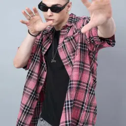 CHIMPAAANZEE Red & Black Loose Fit Check Oversized Shirt-picture-29