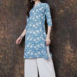 Melange By Lifestyle Blue Cotton Regular Fit Printed Kurtas-image-77