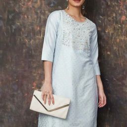 Melange By Lifestyle Light Blue Regular Fit Embroidered Kurtas-image-67