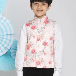 VASTRAMAY Kids Pink & Cream Floral Print Nehru Jacket-image-78