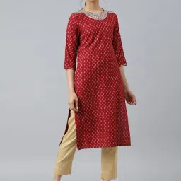 W Red Embroidered Straight Kurta-image-55