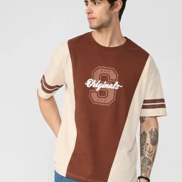 The Souled Store Brown Cotton Loose Fit Colour Block T-Shirt-picture-17