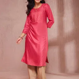 Fabindia Pink Slim Fit Embroidery Kurta-picture-3