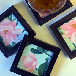 Abolee Homes 4-Pcs Pink & Brown Lotus Printed Coaster-image-6