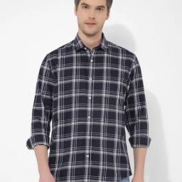 Numero Uno Navy Cotton Slim Fit Checks Shirt-image-79