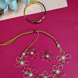 NVR Valentine Special Women's Gold-Plated Floral Shaped Pearl Beaded Combo Jewellery Set-16