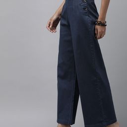 Roadster Women Blue Solid Flared High-Rise Easy Wash Pleated Woven Parallel Trousers-image-60