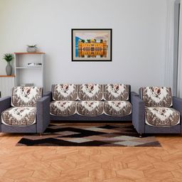 RUBOXA Brown & Off White Printed Velvet Sofa Cover-image-59