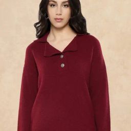 RAREISM Maroon Acrylic Solid Long Sleeves Sweater-picture-14
