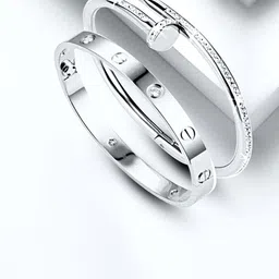 MEENAZ Set of 2 Silver-Plated AD-Stone Studded Stainless Steel Anti Tarnish Kada Bracelets-44