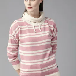 The Roadster Lifestyle Co Women Pink  Off White Striped Sweater-image-51
