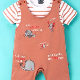 Mini Taurus Half Sleeves Striped Tee & Dungaree Style Romper Whale Print- Orange-picture-47