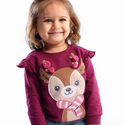 Babyhug Cotton Full Sleeves Sweatshirt With Fur Reindeer Applique & Frill Detailing- Maroon-image-89