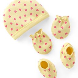 Babyhug 100% Cotton Cap Mittens And Booties Heart Printed - Yellow-image-57