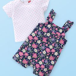 Babyhug 100% Cotton Knit Half Sleeves Polka Dot Print T-Shirt & Dungaree Set Floral Print - White & Blue-image-90
