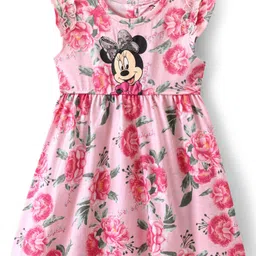 Babyhug Disney Cotton Jersey Knit Frill Sleeves Floral & Minnie Mouse Printed Frock - Peach-picture-24