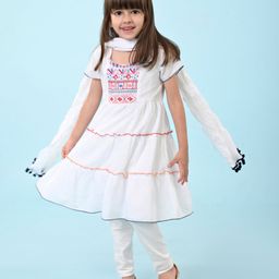 Babyhug Cotton Embroidered Half Sleeves Kurta & Knit Churidar Set With Crush Dupatta - White-image-20