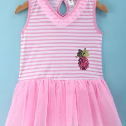 ToffyHouse 100% Cotton Woven Sleeveless Striped Frock with Sequined Pineapple & Frill Detailing- Pink-picture-38