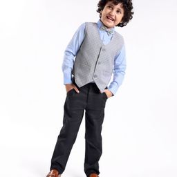 Babyhug Cotton Woven Full Sleeves Party Suit with Dobby Waistcoat & Bow - Light Blue & Grey-image-92